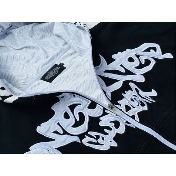 Y2K Black SZ S Irregular Pattern Gothic Punk Full Zip-Up Hoodie Jacket - Picture 6 of 15